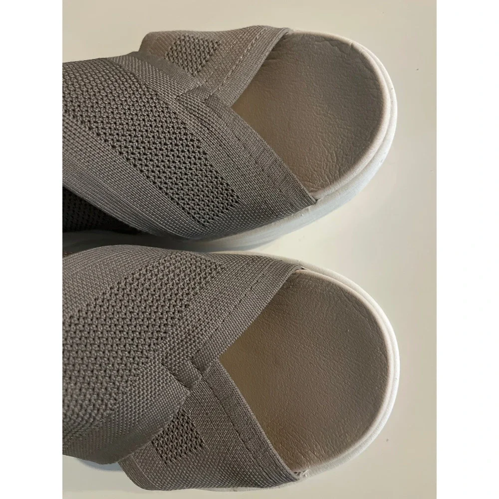 Easy Spirit Womens 10M Taupe Stretch Knit Cross Strap Slingback Wedge Sandals